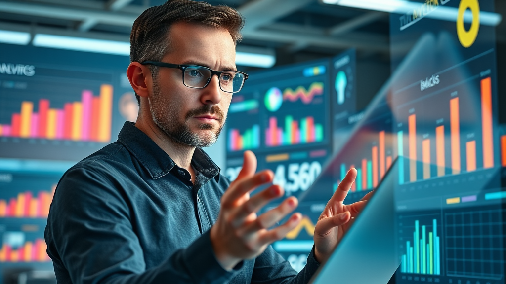 Marketing analyst reviewing branding success metrics, brand management, brand equity, KPIs