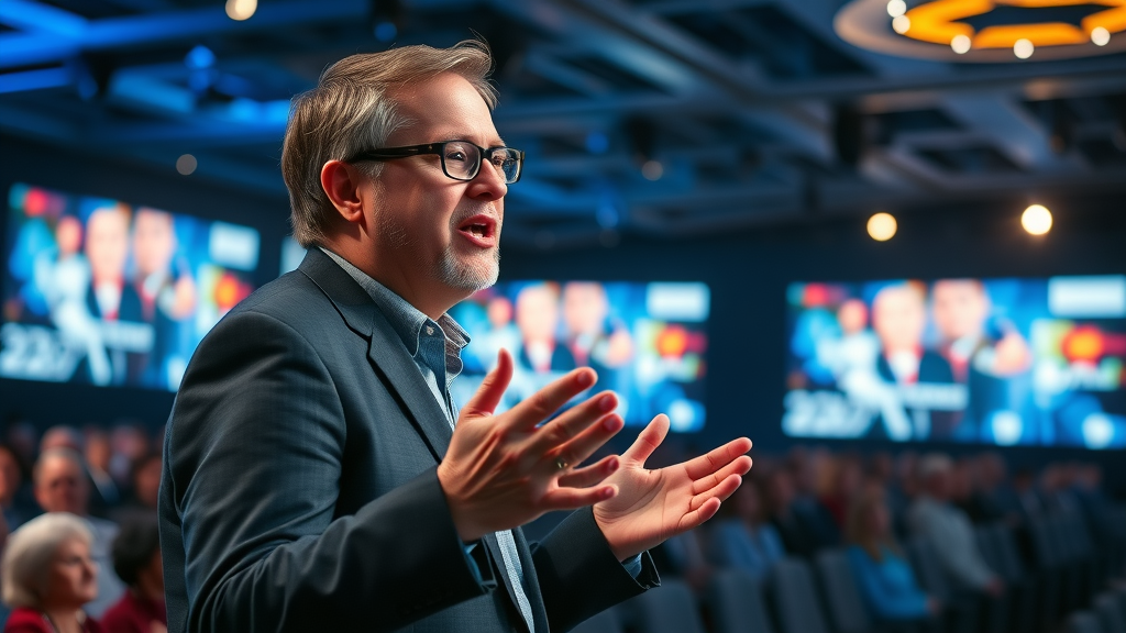 personal branding enthusiastic keynote speaker addressing an audience at a major industry event