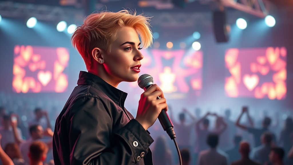 pop star rebrand through reputation management strategies. Concert stage with glowing branding and dynamic social media presence.