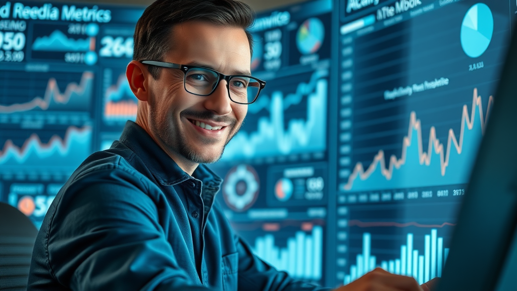 Focused data analyst reviewing paid media strategy KPIs and analytics dashboards