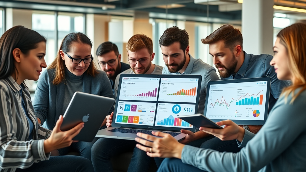Busy marketers using social media management tools to review analytics in a vibrant, modern office environment