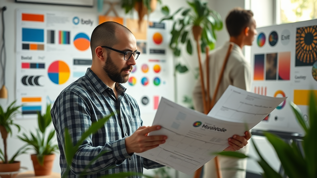 Graphic designer developing unique visual branding techniques with creative boards and logo sketches