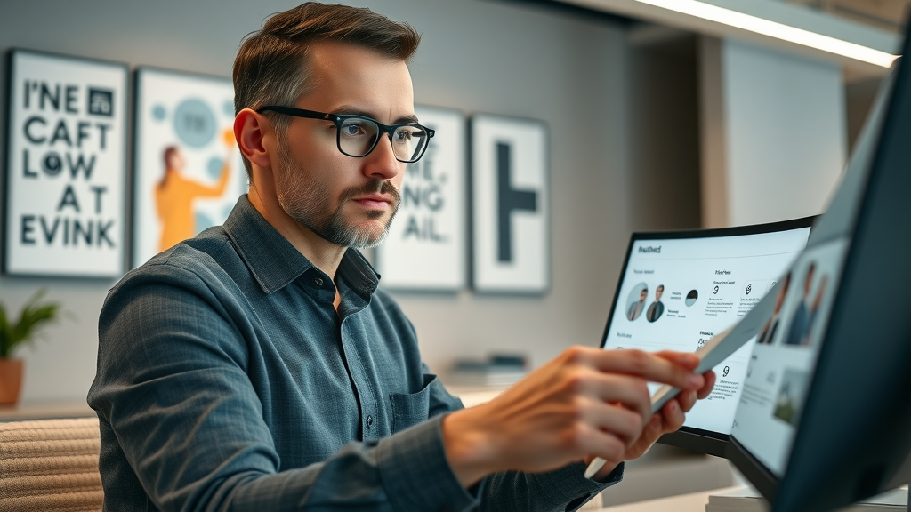 Branding manager reviewing style guidelines on screen, brand guidelines, digital branding, visual identity