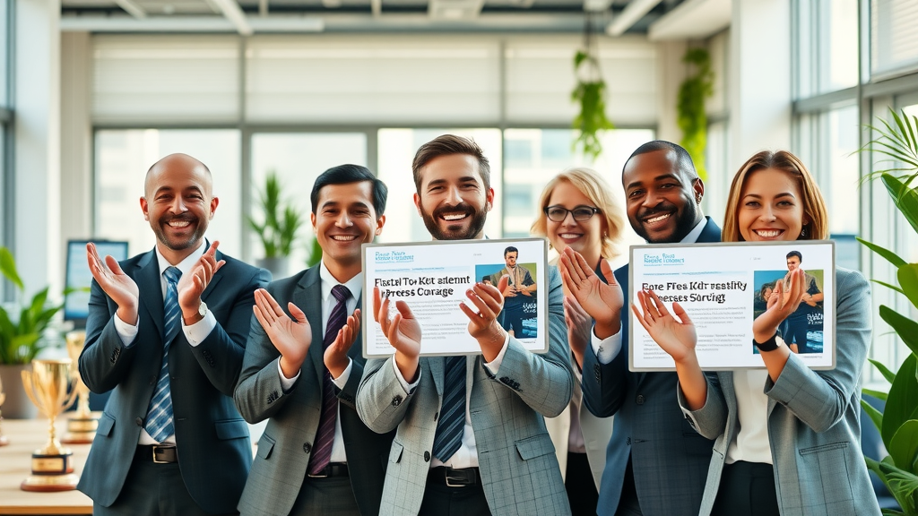 business team celebrating positive online reputation management results. Achievement, positive press, and team unity.