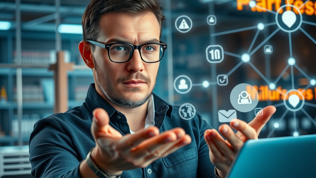 Determined project manager managing brand assets via digital interface in a futuristic workspace for brand management