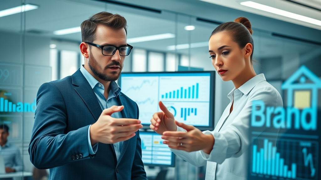 dynamic business professionals analyzing brand equity data with digital dashboards showing metrics