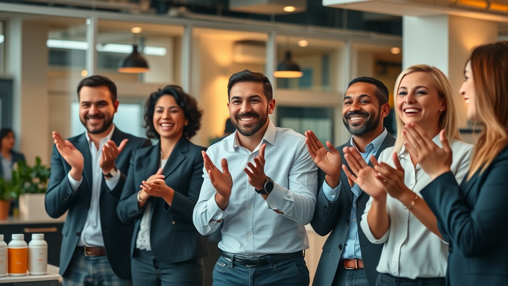 Motivated business leaders celebrating branding success, new brand identity, successful brand, branding