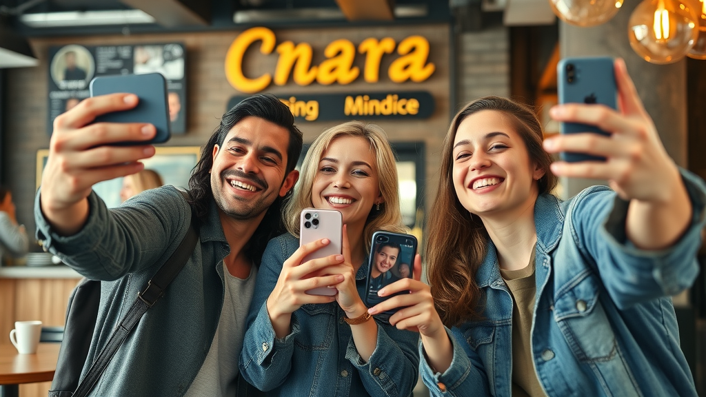 Joyful users sharing experiences with user generated content in a trendy setting for social media ad campaigns