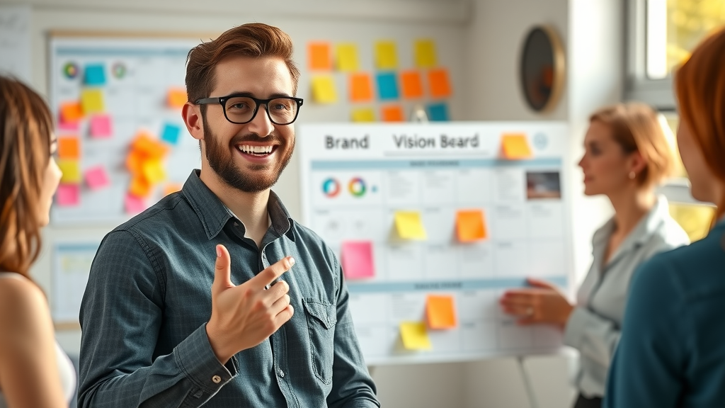 Inspirational entrepreneur presenting a brand vision board for brand development in a creative workspace.