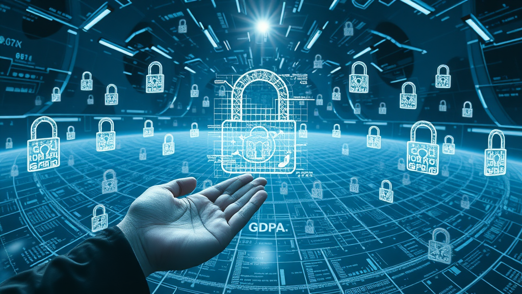 conceptual digital landscape visualizing data privacy and real-time bidding in display advertising platforms, floating padlocks, dynamic graphs, digital grid, GDPR CCPA