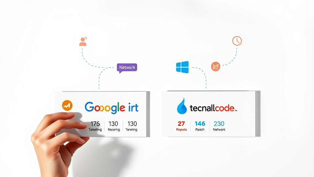 side-by-side visualization of leading display ad networks, icons and graphics showing targeting, reporting, and reach comparison, highly detailed studio lighting