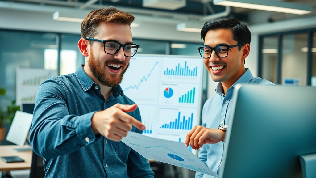 competitive digital marketers analyzing charts comparing Google Display Network and other display advertising platforms in an office, collaborative workspace, highly detailed