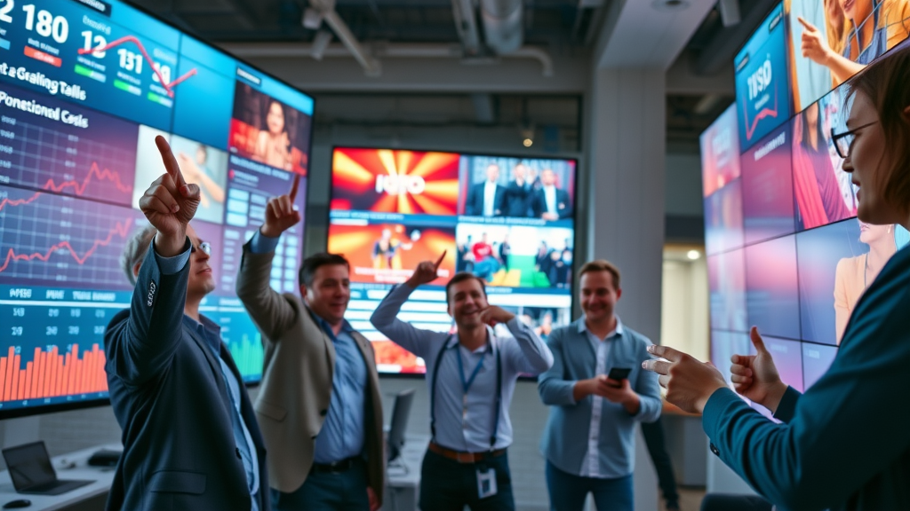 team reviewing animated and interactive banner ads in office, digital displays with moving ad formats