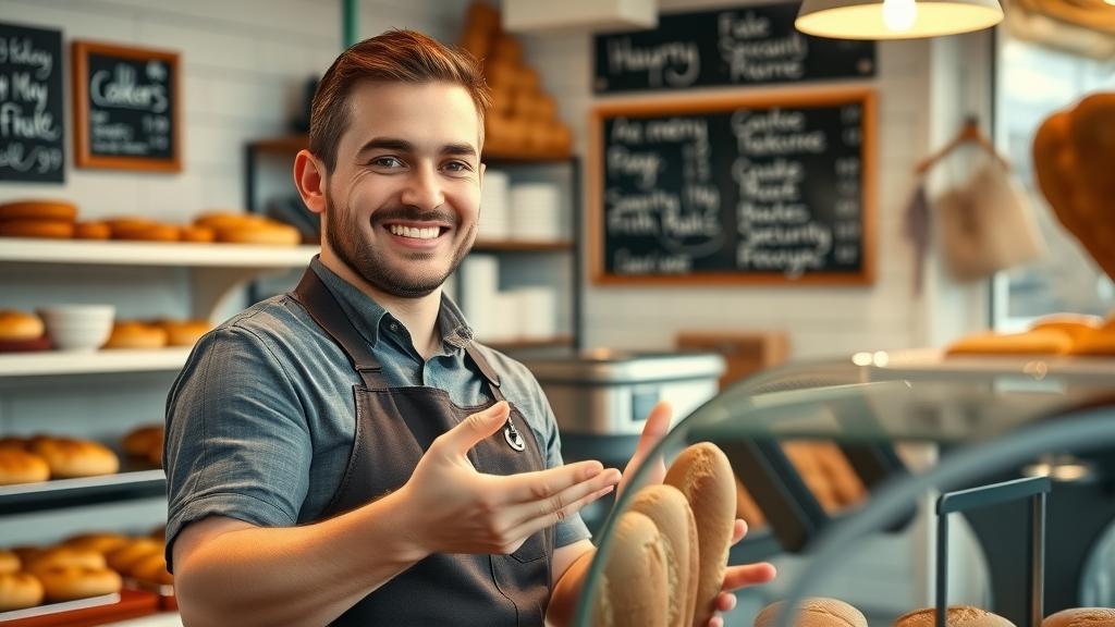 Cheerful bakery owner placing fresh bread on display | local business marketing