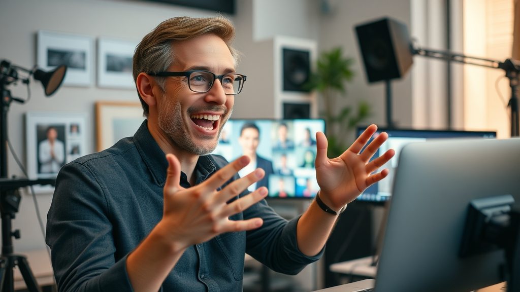 influencer engaging with online community for earned media in home studio