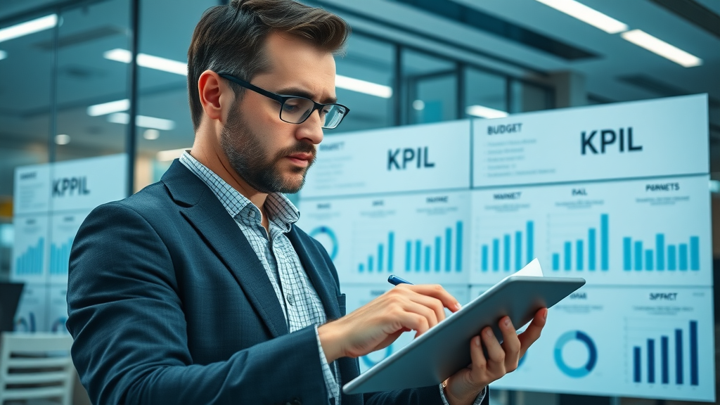 Marketing manager designing a robust marketing plan with KPIs and budget charts to guide online marketing strategies