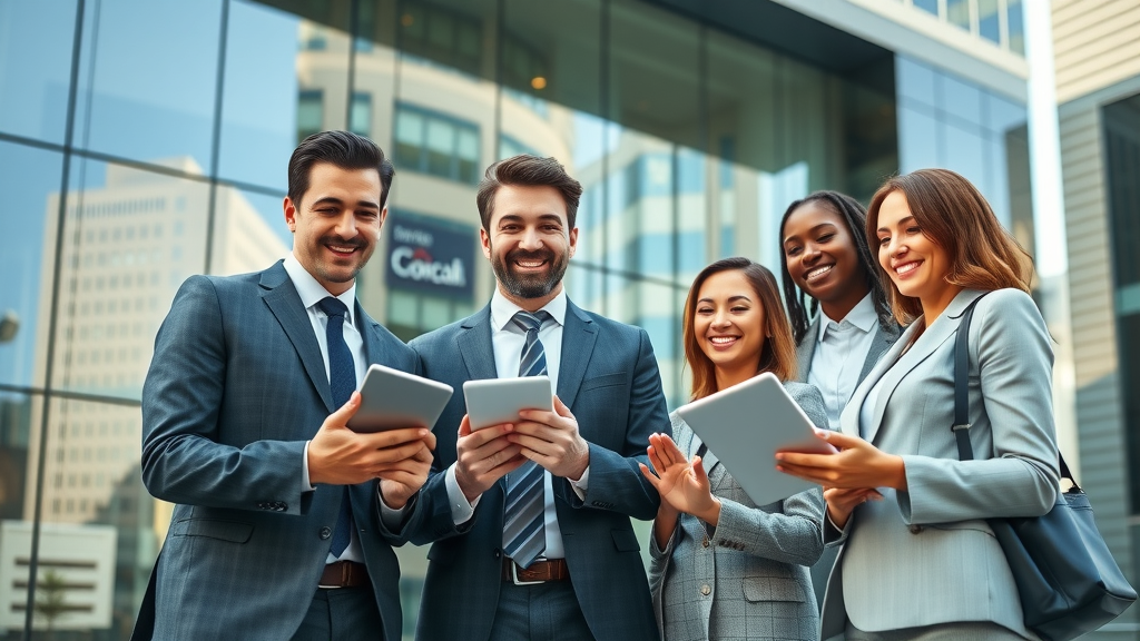 corporate branding, dynamic corporate office exterior, business professionals collaborating with digital brand visuals, modern city skyline background