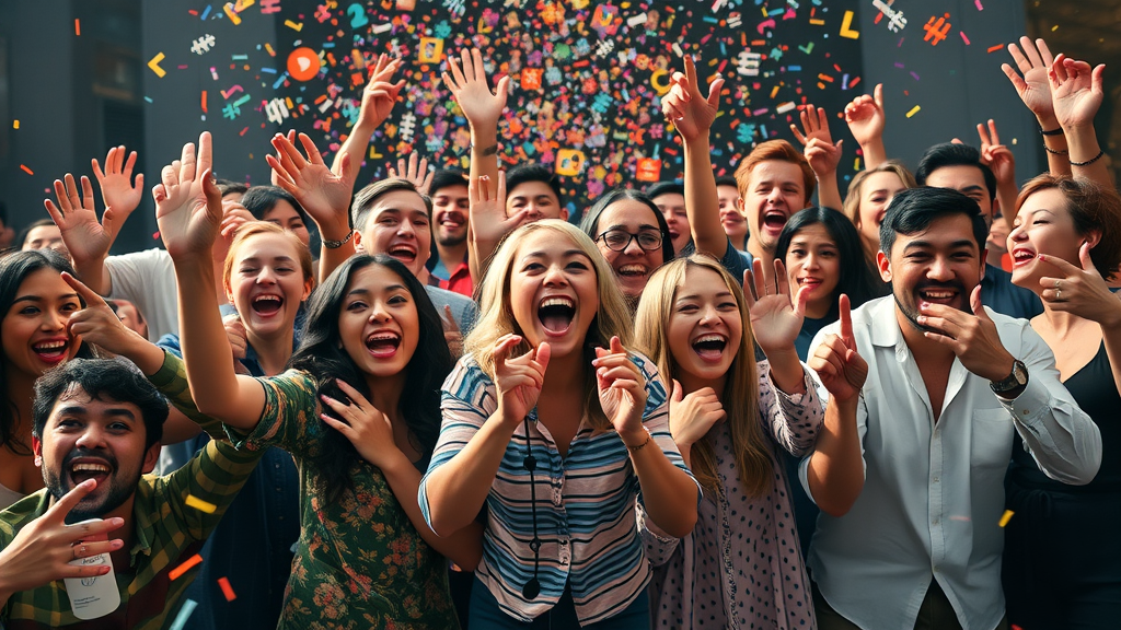group celebrating viral social media trend online