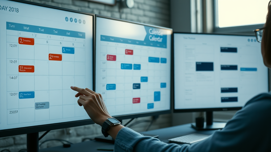 Marketer arranging social media posts using a dynamic digital calendar interface for automated scheduling
