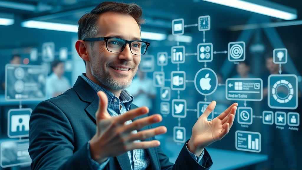 Insightful digital strategist connecting paid media channels in a futuristic strategy lab, paid media strategy