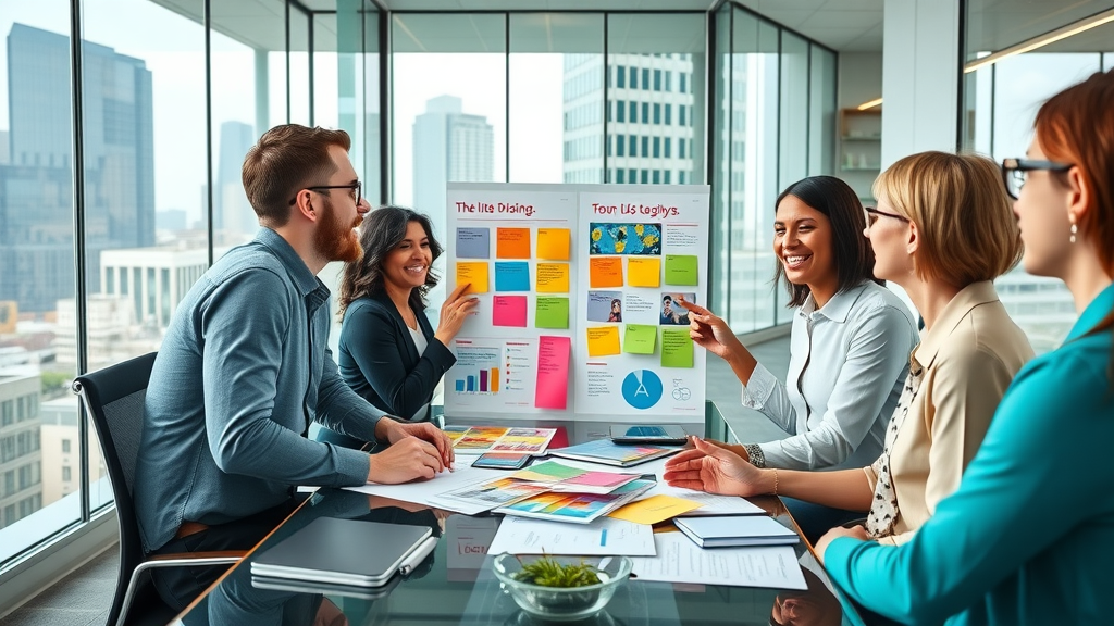 brand identity experts in a vivid modern office, collaborating over colorful mood boards, brand strategy discussion