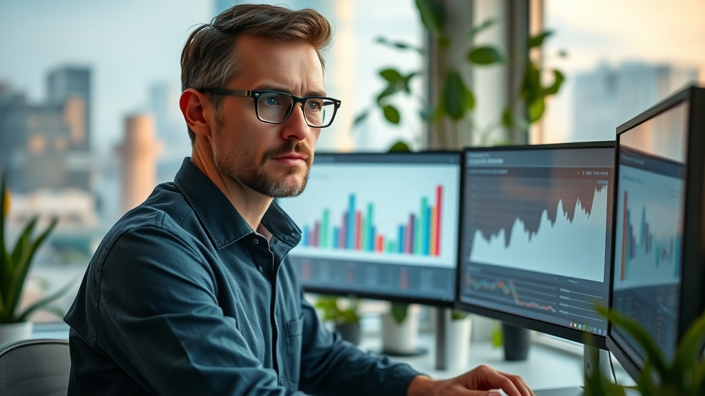 professional marketer using social media analytics tools on dual monitors