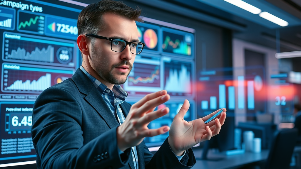 types of paid advertising dashboard campaign types marketer reviewing futuristic interface with glowing panels