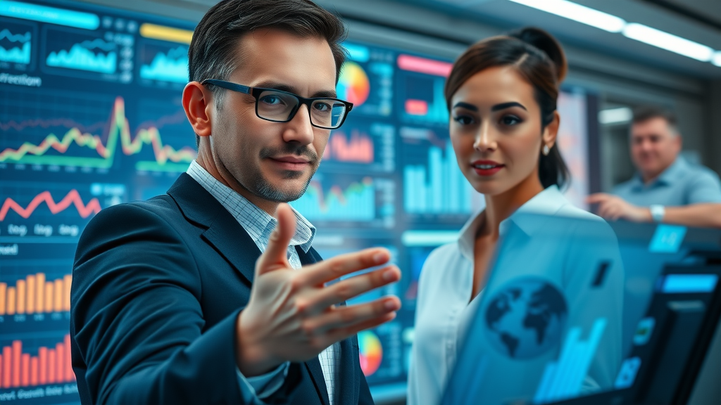 social media analytics professionals analyzing digital dashboard in high-tech office