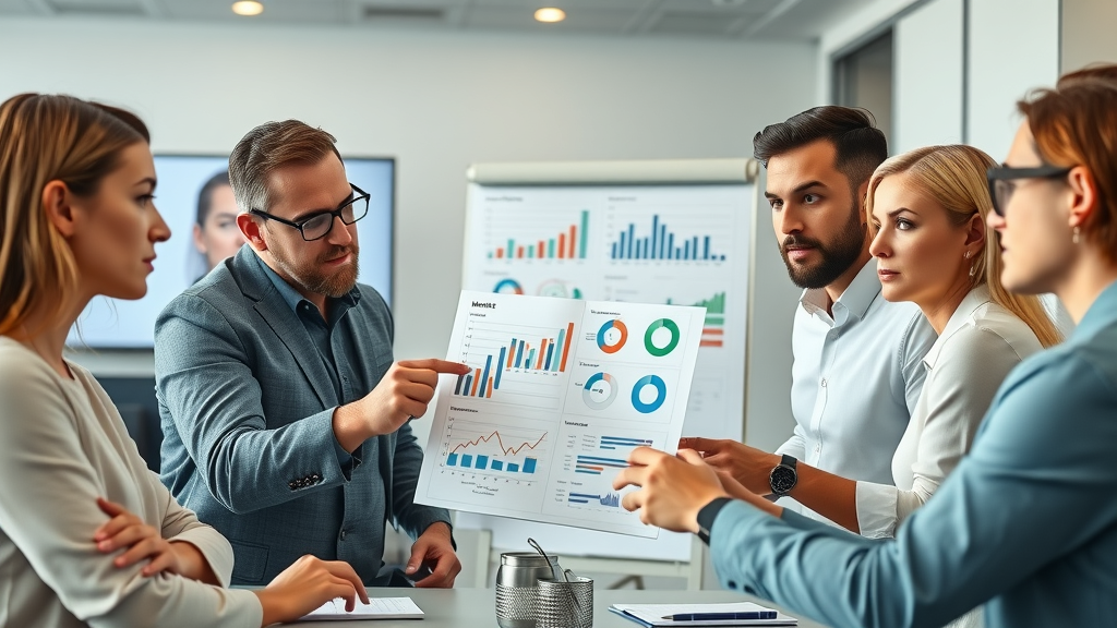 Professional marketers in strategy meeting pointing at market analysis charts | marketing strategy local business