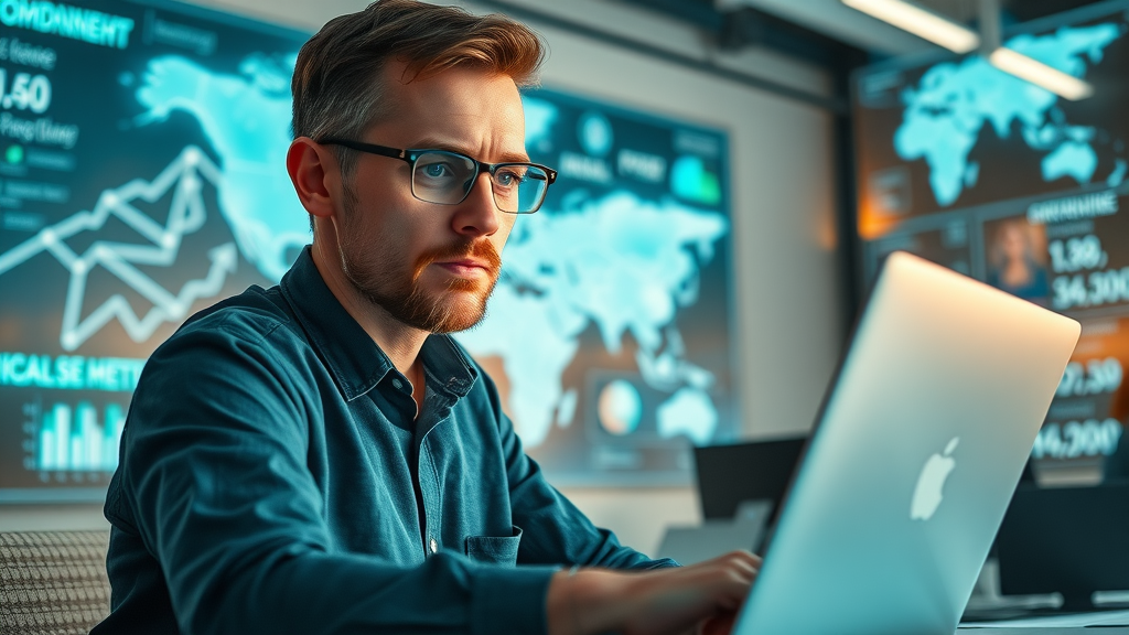 analyst filtering social media data on laptop with digital wall maps