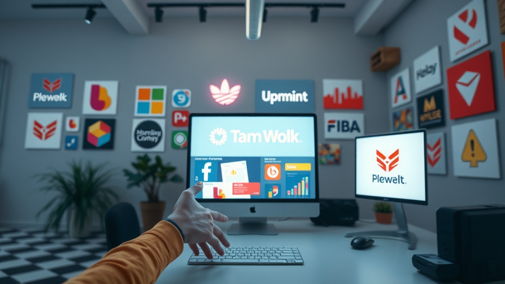Distinctive brand identity iconography including logos, color palettes, and typography representing brand strategy.