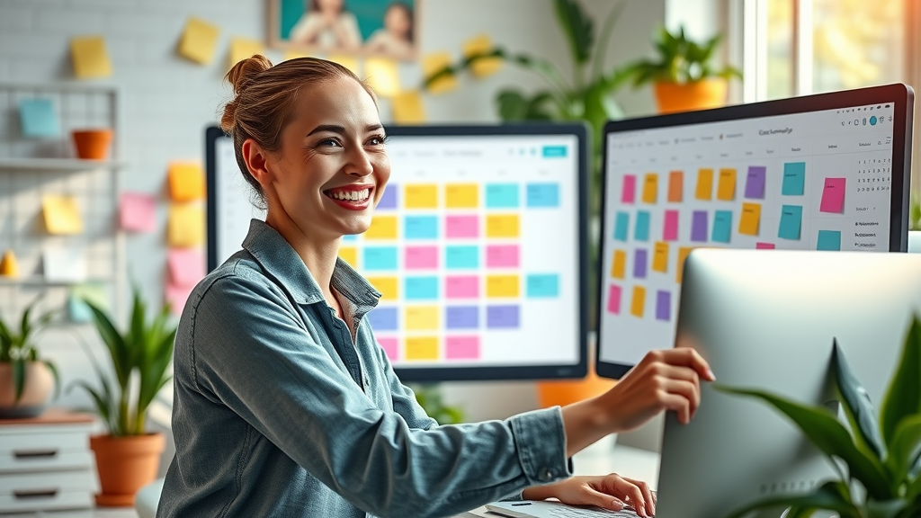 Marketer planning colorful social media content calendar for brand awareness