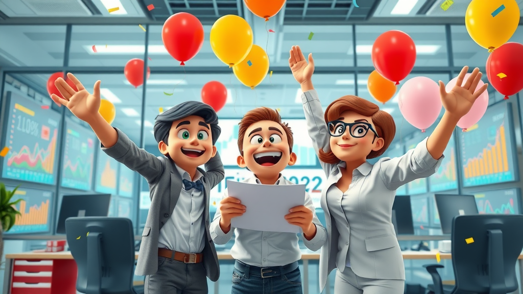 Inspired marketing professionals analyzing brand campaign results in a digital office representing brand marketing success