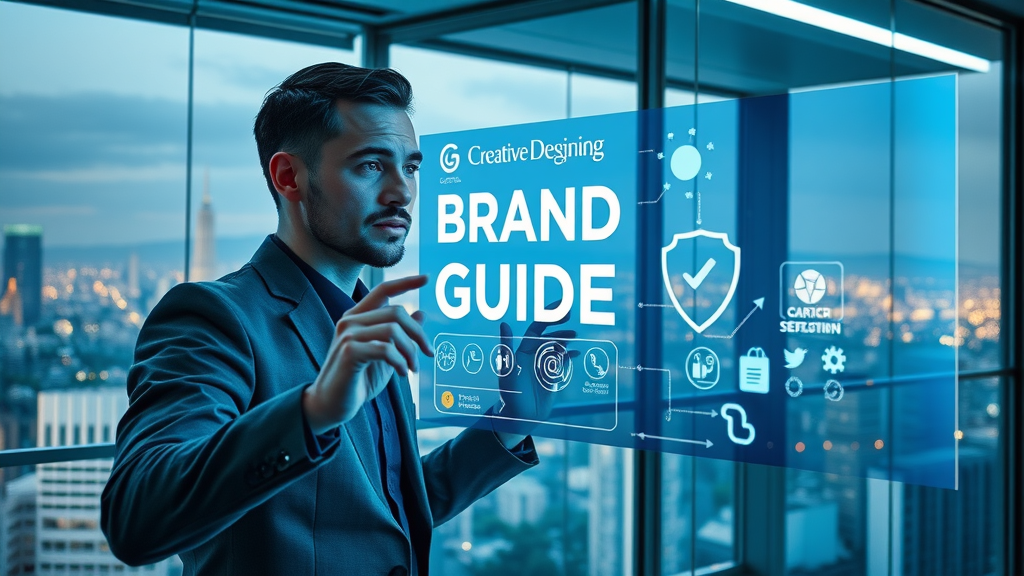 Creative designer constructing a digital brand guide with futuristic holographic elements, brand guideline