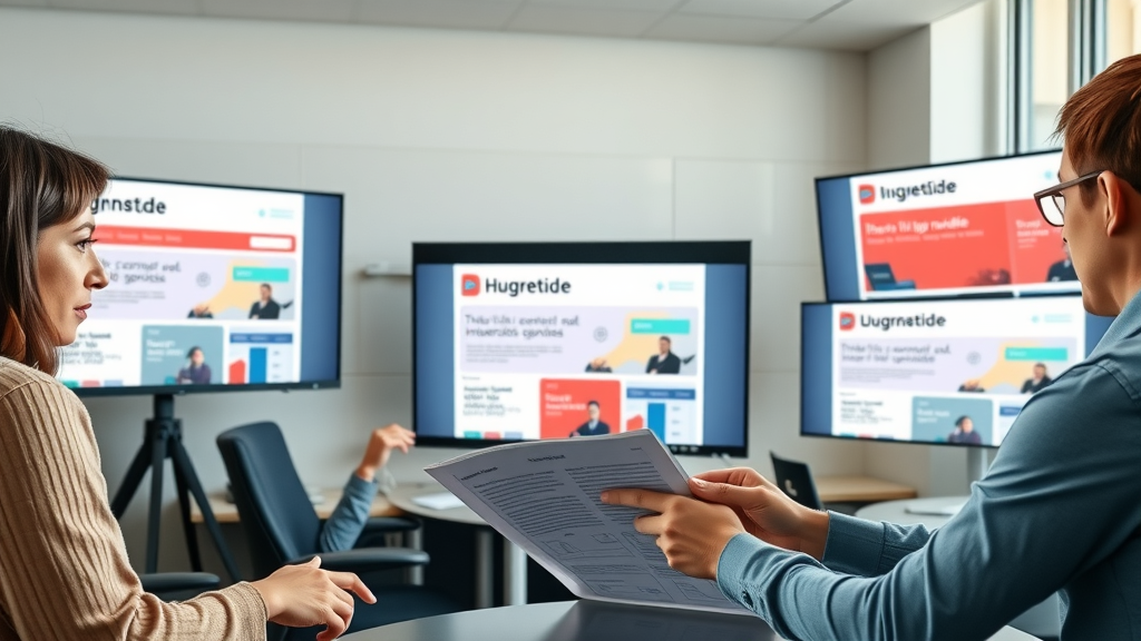 team reviewing cohesive branded banner ads on multiple screens, consistent color schemes, modern workspace
