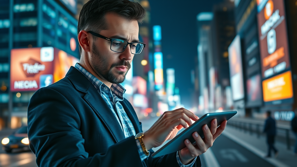 Ambitious digital marketing strategist analyzes rising social media graphs from a futuristic tablet in a vibrant cityscape