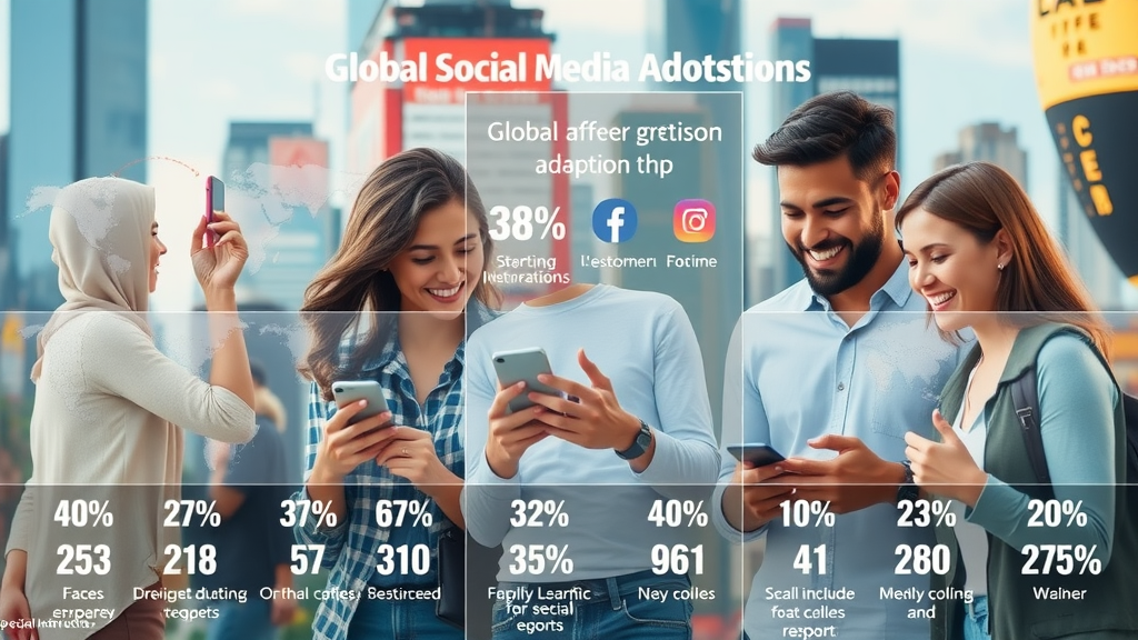 Global social media trends infographic showing diverse users interacting on social platforms