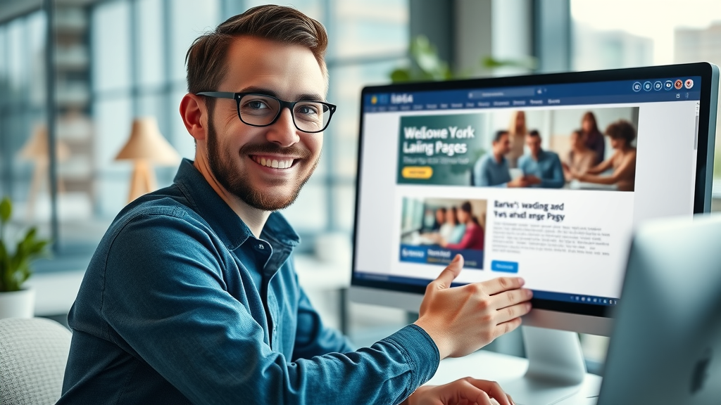 marketer matching banner ad visuals to landing page design, computer showing side-by-side comparison in bright office