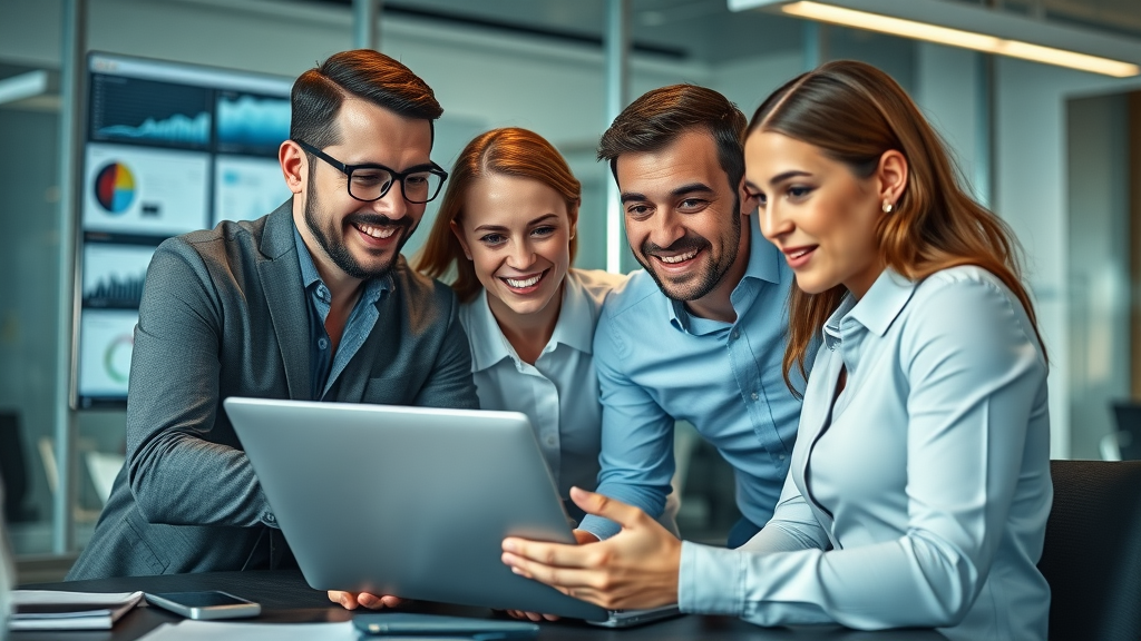 paid advertising digital ad performance team analyzing charts with confident expressions in a modern office