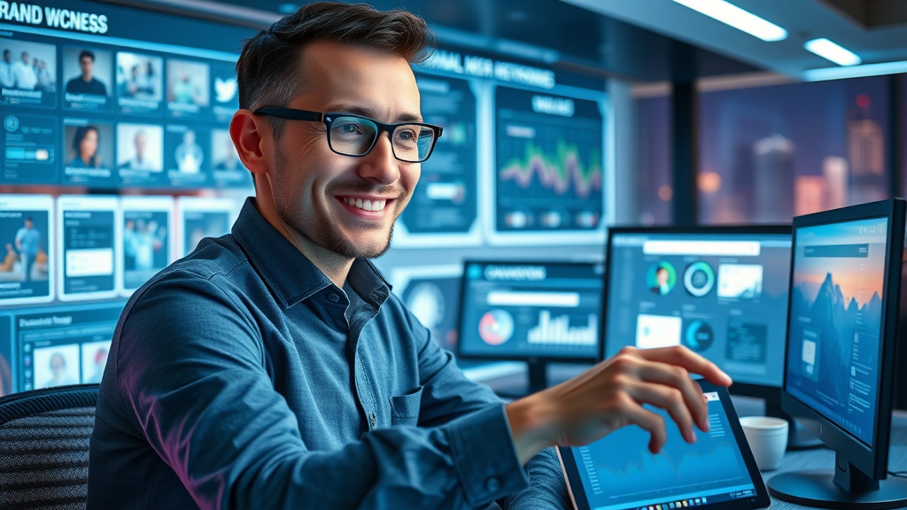 Social media manager plotting branding techniques on multiple dazzling digital devices