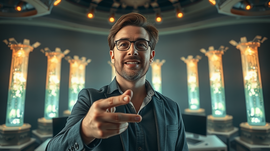 personal branding confident entrepreneur envisioning seven glowing pillars in an abstract workspace