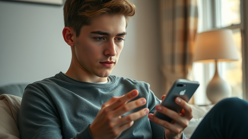 thoughtful young adult analyzing social media influence smartphone feed