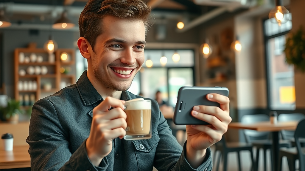 Young social media marketer taking a photo of a latte in a local café | social media local business marketing