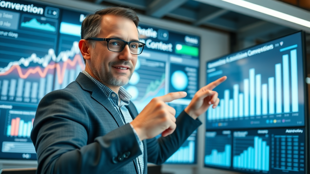 display ad targeting dashboard with confident marketing specialist analyzing conversion data on modern digital displays