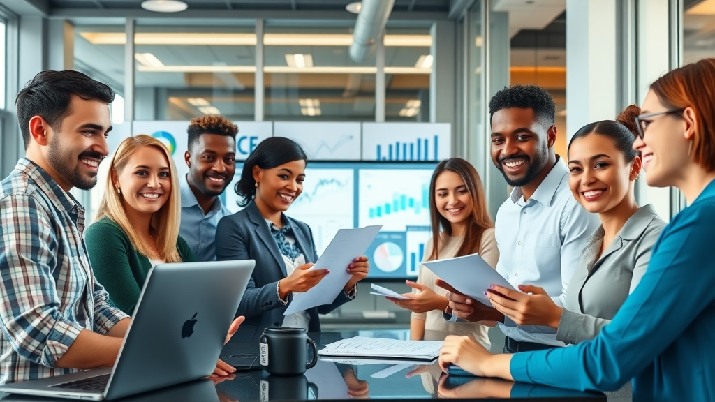 digital marketing agency vibrant modern office with confident marketing team collaborating, digital screens and marketing charts