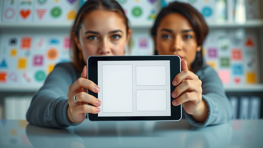banner advertising mockups showing various banner ad sizes and formats on digital tablet, colorful icons in background
