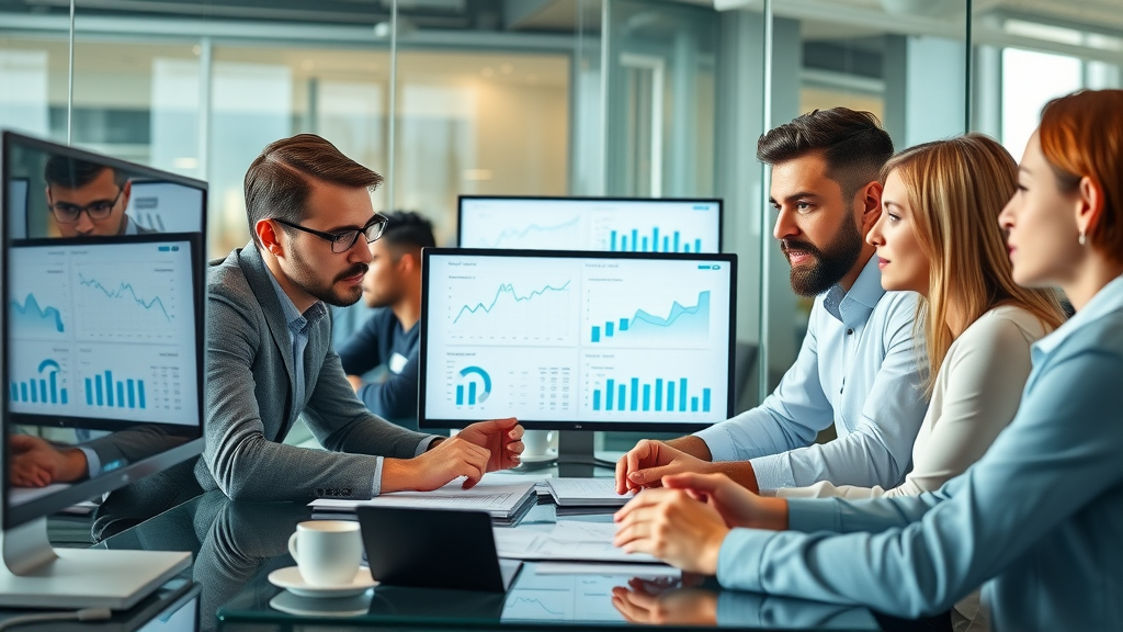 Energized digital marketers examining analytics for retargeting display ads in a modern e-commerce office. Multiple screens display campaign ROI metrics, led by a professional team collaborating on display ad strategies.