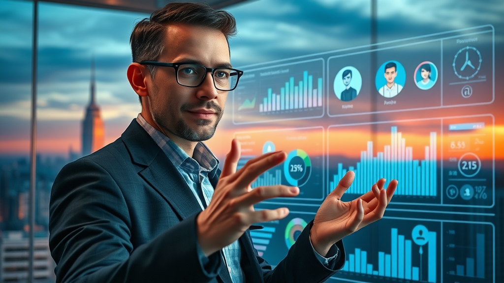visionary marketer using futuristic AI social media dashboard - future of content creation