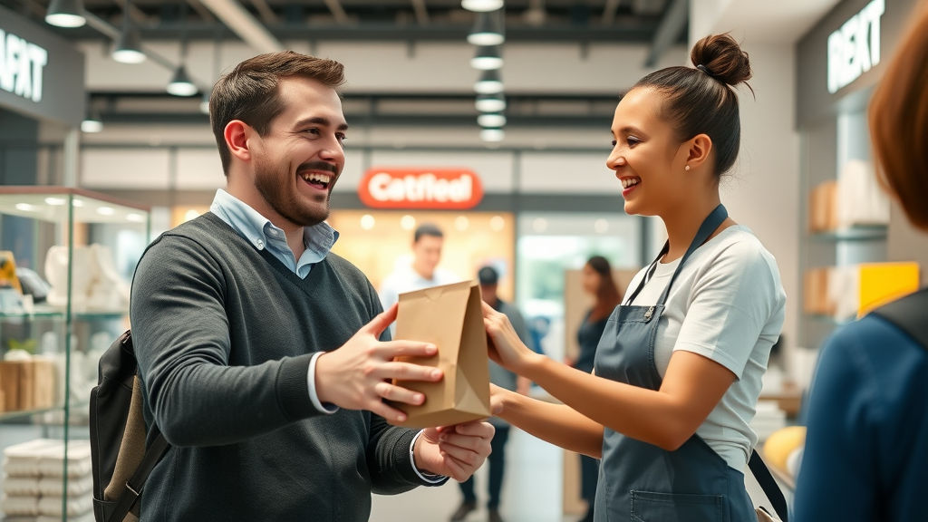 cheerful customer interacting with friendly staff for a positive brand experience