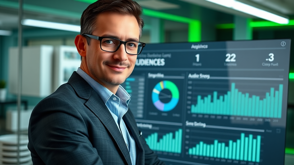 Sharp digital marketer segmenting audiences with analytics dashboard for paid media campaign